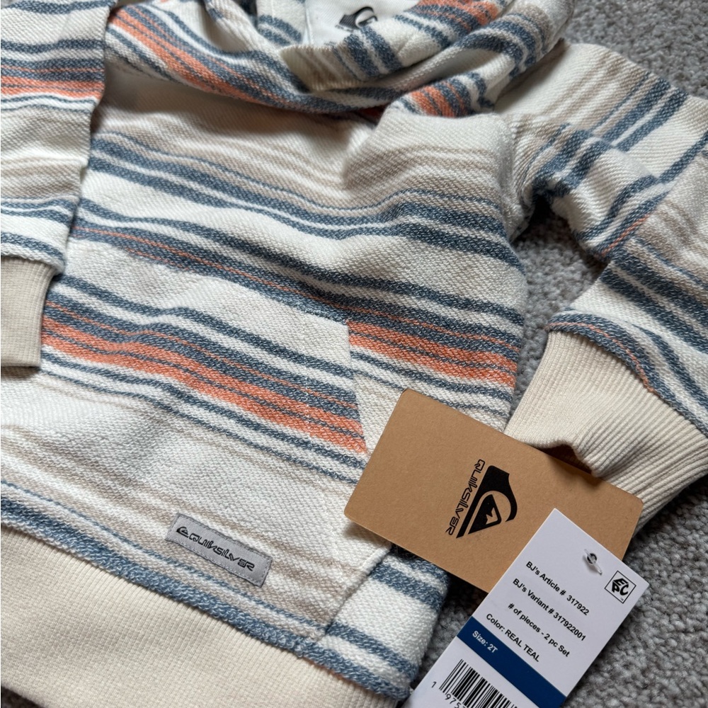 Quiksilver Hooded Striped Pullover in Cream, Blue & Coral